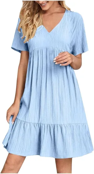 Sun Dresses for Women 2025 Vacation Summer Casual Short Sleeve V Neck Flowy Swing Dress Pleated Ruffle Beach Sundress