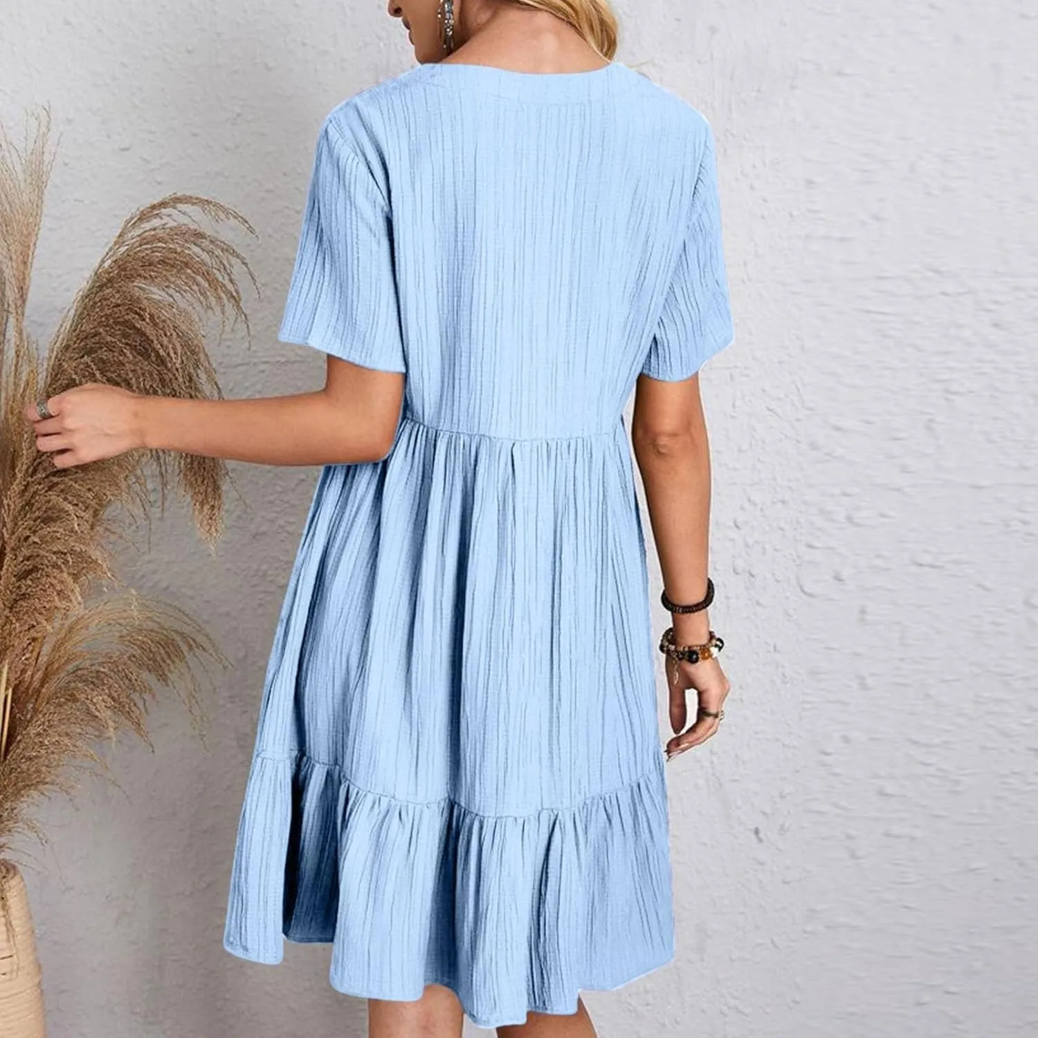 Sun Dresses for Women 2025 Vacation Summer Casual Short Sleeve V Neck Flowy Swing Dress Pleated Ruffle Beach Sundress