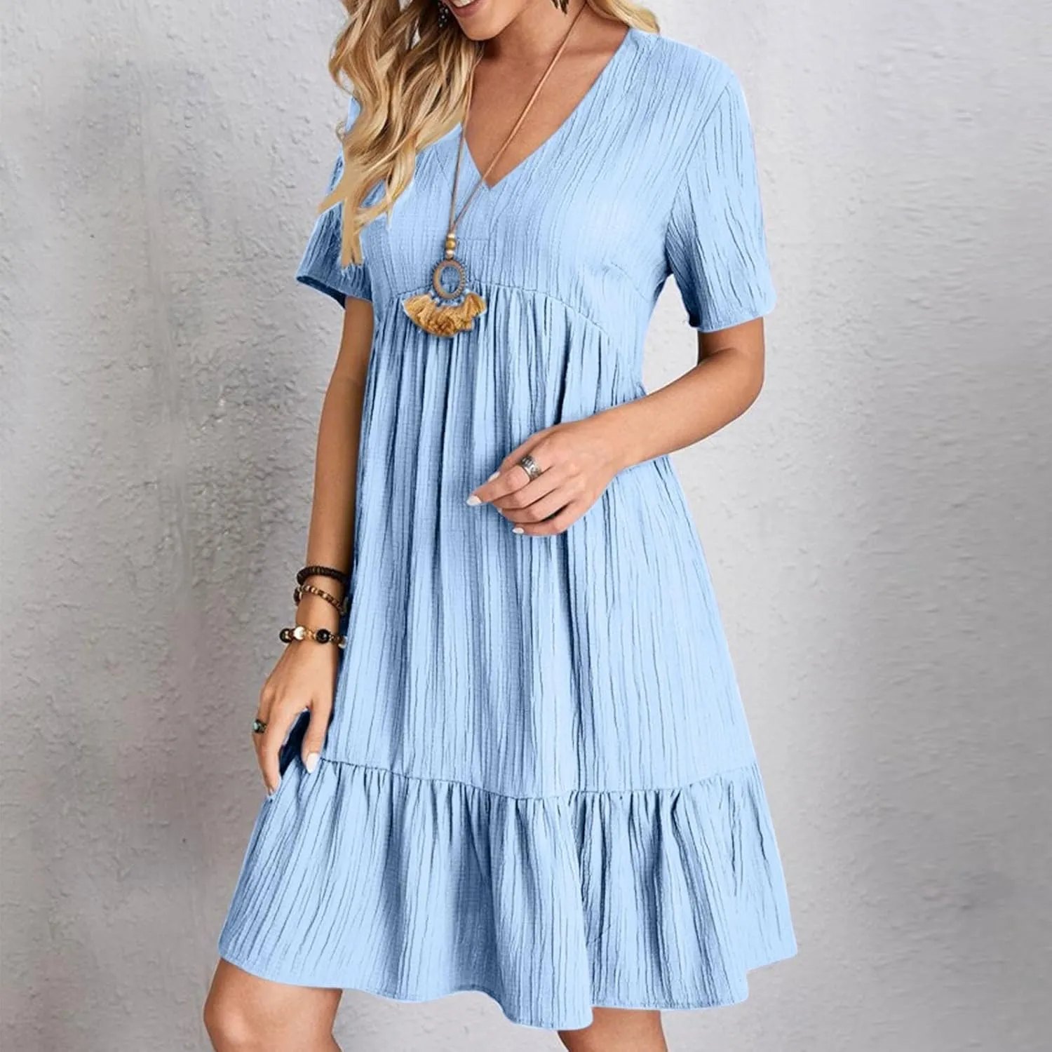 Sun Dresses for Women 2025 Vacation Summer Casual Short Sleeve V Neck Flowy Swing Dress Pleated Ruffle Beach Sundress