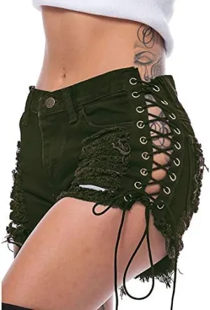 Swbreety Women's High Rise Ripped Hole Bandage Denim Shorts Lace Up Short Jeans