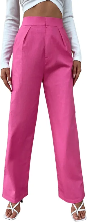 SweatyRocks Women's High Waist Zip Up Pleated Pants Straight Leg Long Trousers Pants with Pocket