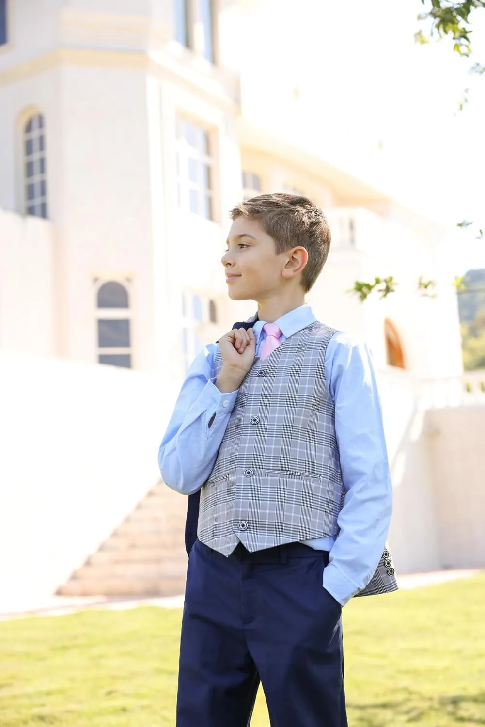 SWOTGdoby Boys Suits 3 Piece Slim Fit Check Plaid Kids Tuxedo Suits for Boys Formal Dress Blazer Jacket Pants Vest Wedding
