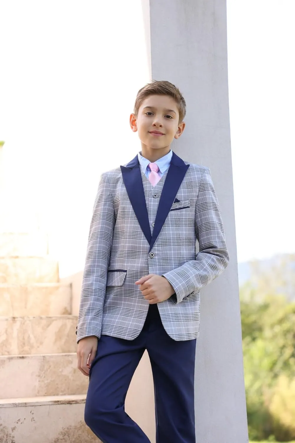 SWOTGdoby Boys Suits 3 Piece Slim Fit Check Plaid Kids Tuxedo Suits for Boys Formal Dress Blazer Jacket Pants Vest Wedding