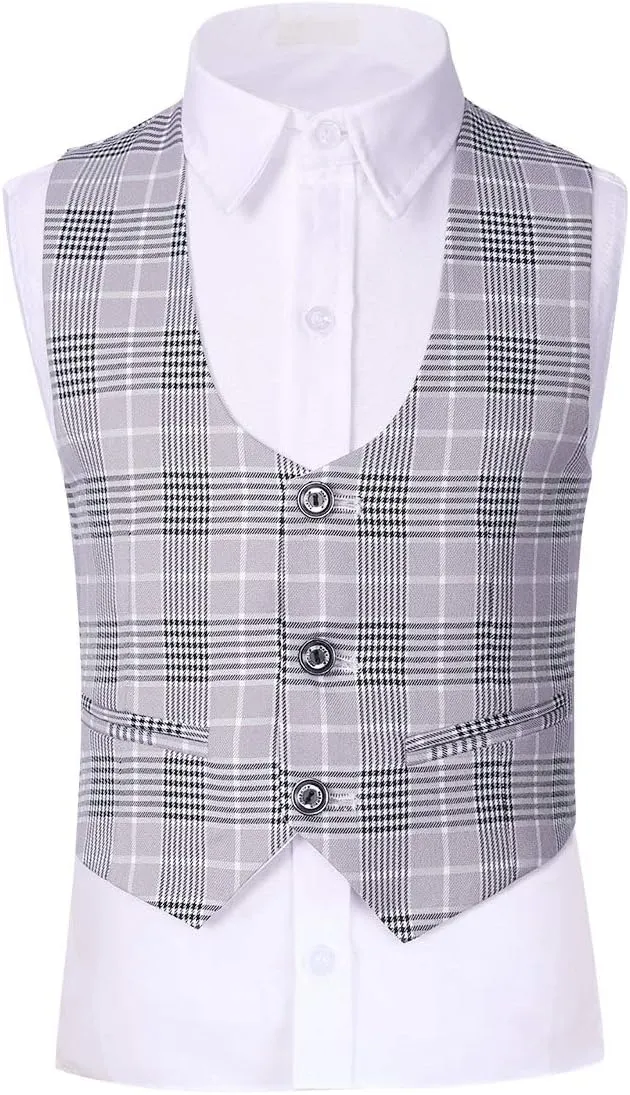 SWOTGdoby Boys Suits 3 Piece Slim Fit Check Plaid Kids Tuxedo Suits for Boys Formal Dress Blazer Jacket Pants Vest Wedding