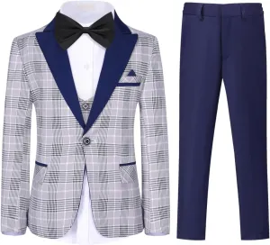 SWOTGdoby Boys Suits 3 Piece Slim Fit Check Plaid Kids Tuxedo Suits for Boys Formal Dress Blazer Jacket Pants Vest Wedding