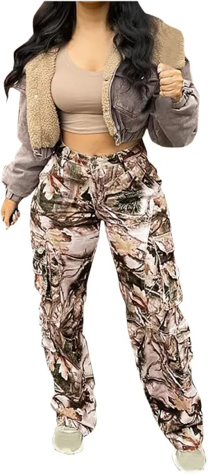 Tactical Hiking Pants for Women Fashion Multicolor Camouflage Cargo Pant High Waist Loose Military Trouser Streetwear