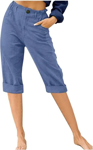 TANGNADE Women Capri Pants for Summer Casual Loose Cotton Linen Capris Comfy Elastic Waist Cropped Trouser Vacation