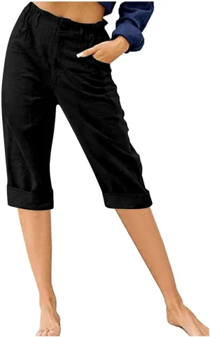 TANGNADE Women Capri Pants for Summer Casual Loose Cotton Linen Capris Comfy Elastic Waist Cropped Trouser Vacation