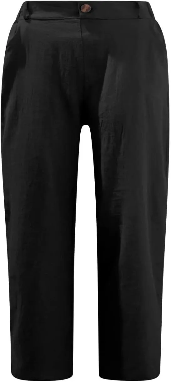 TANGNADE Women Capri Pants for Summer Casual Loose Cotton Linen Capris Comfy Elastic Waist Cropped Trouser Vacation