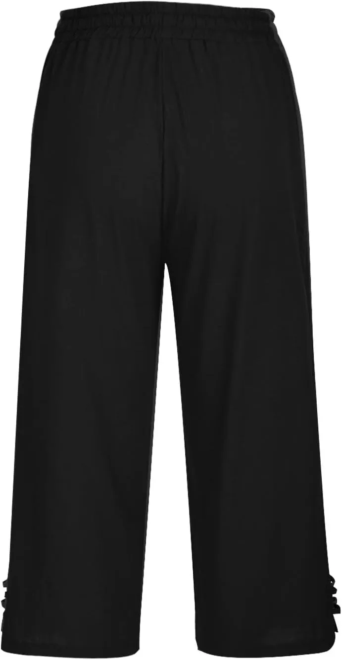 TANGNADE Womens Casual Capris Loose Fit Wide Leg Cropped Cotton Linen Pants with Pockets Elastic Waist Trouser