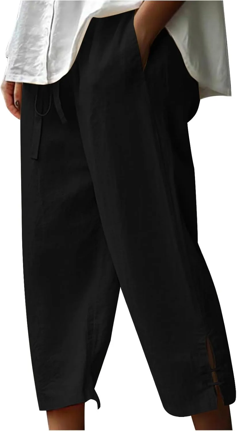 TANGNADE Womens Casual Capris Loose Fit Wide Leg Cropped Cotton Linen Pants with Pockets Elastic Waist Trouser