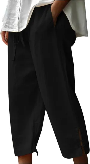 TANGNADE Womens Casual Capris Loose Fit Wide Leg Cropped Cotton Linen Pants with Pockets Elastic Waist Trouser