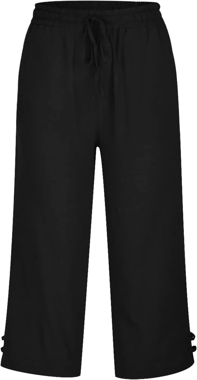 TANGNADE Womens Casual Capris Loose Fit Wide Leg Cropped Cotton Linen Pants with Pockets Elastic Waist Trouser