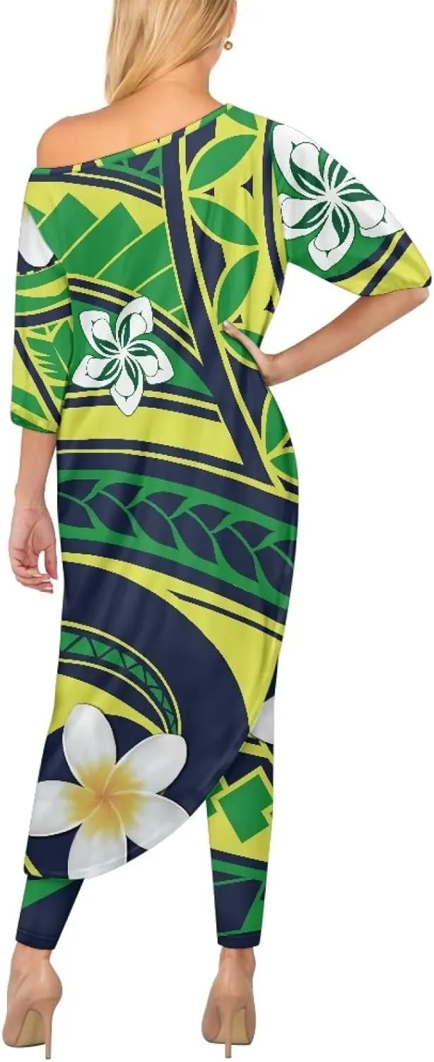 Traditional Polynesia Samoa Women's Off The Shoulder Maxi Top Casual Irregular Hem T Shirt Stretchy Pant Sets
