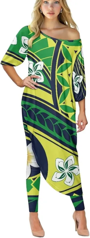 Traditional Polynesia Samoa Women's Off The Shoulder Maxi Top Casual Irregular Hem T Shirt Stretchy Pant Sets