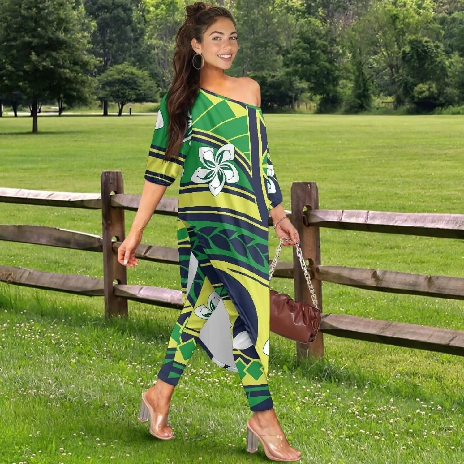 Traditional Polynesia Samoa Women's Off The Shoulder Maxi Top Casual Irregular Hem T Shirt Stretchy Pant Sets