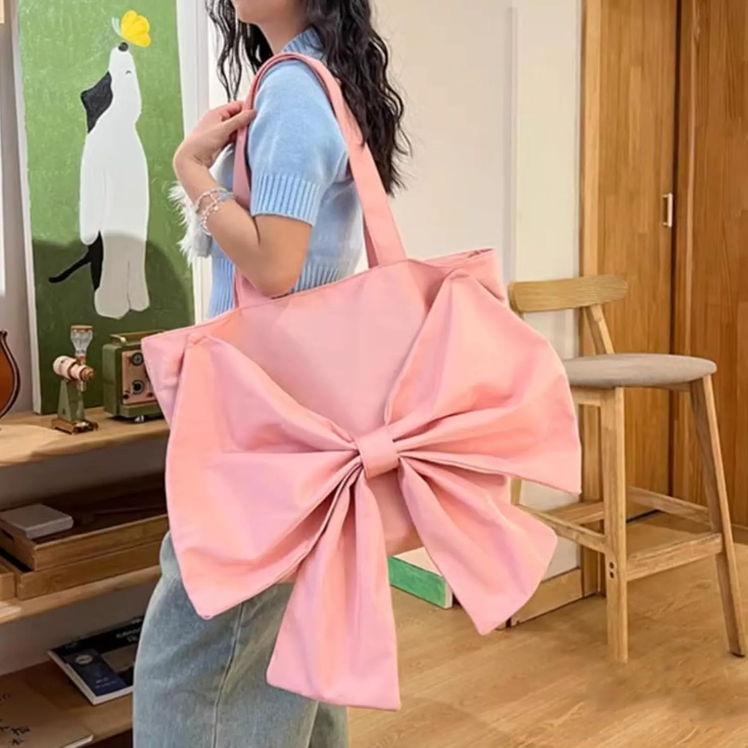 Trendy Bow Large Handbags Purses for Women Y2K Aesthetic Bow Knot Top Handle Bag Hobo Tote Bag,Pink