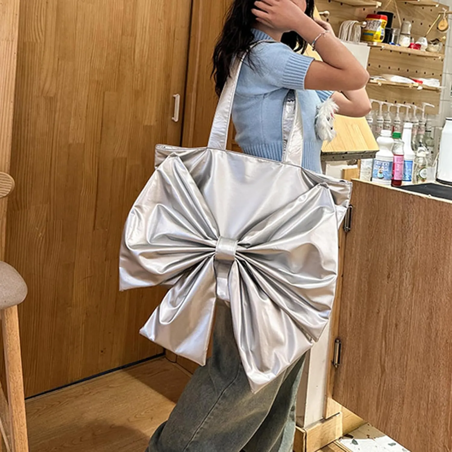Trendy Bow Large Handbags Purses for Women Y2K Aesthetic Bow Knot Top Handle Bag Hobo Tote Bag,Silver