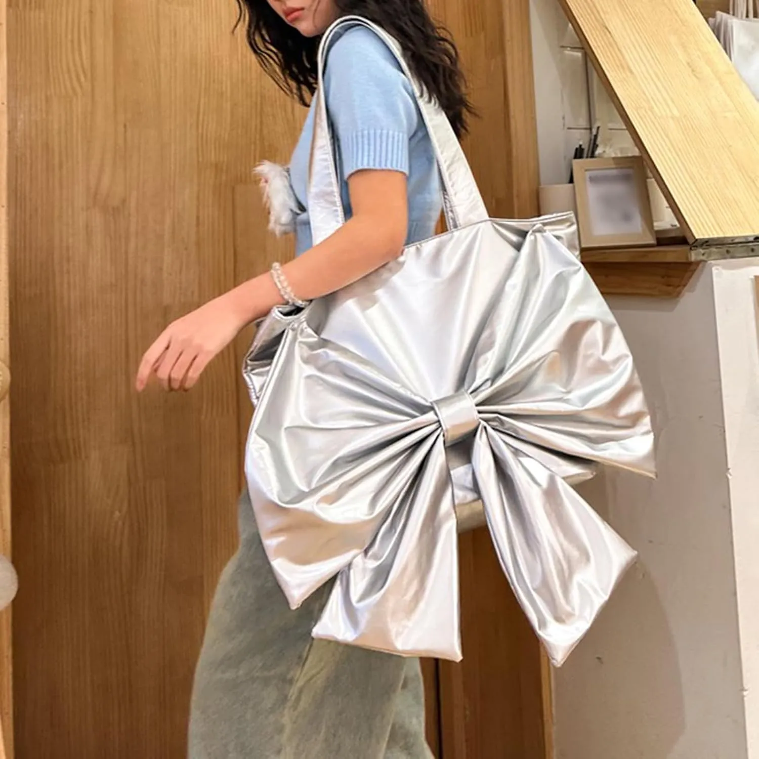 Trendy Bow Large Handbags Purses for Women Y2K Aesthetic Bow Knot Top Handle Bag Hobo Tote Bag,Silver