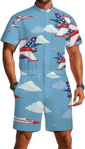 USA Fighter Planes Mens Short Sleeve Rompers Printed Slim Fit One Piece Jumpsuit with Pocket