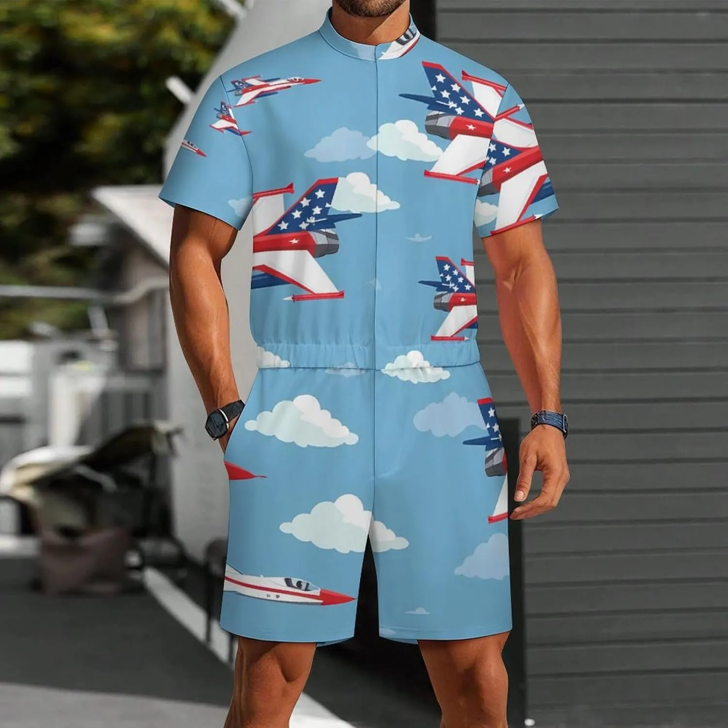 USA Fighter Planes Mens Short Sleeve Rompers Printed Slim Fit One Piece Jumpsuit with Pocket