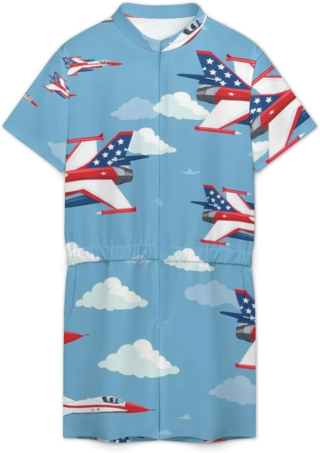 USA Fighter Planes Mens Short Sleeve Rompers Printed Slim Fit One Piece Jumpsuit with Pocket