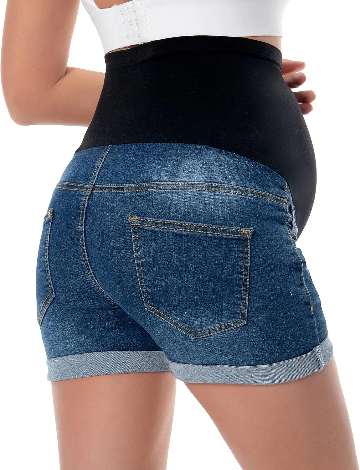V VOCNI Maternity Denim Shorts Women's Summer High Waist Distressed Cuffed Hem Casual Denim Jeans Short