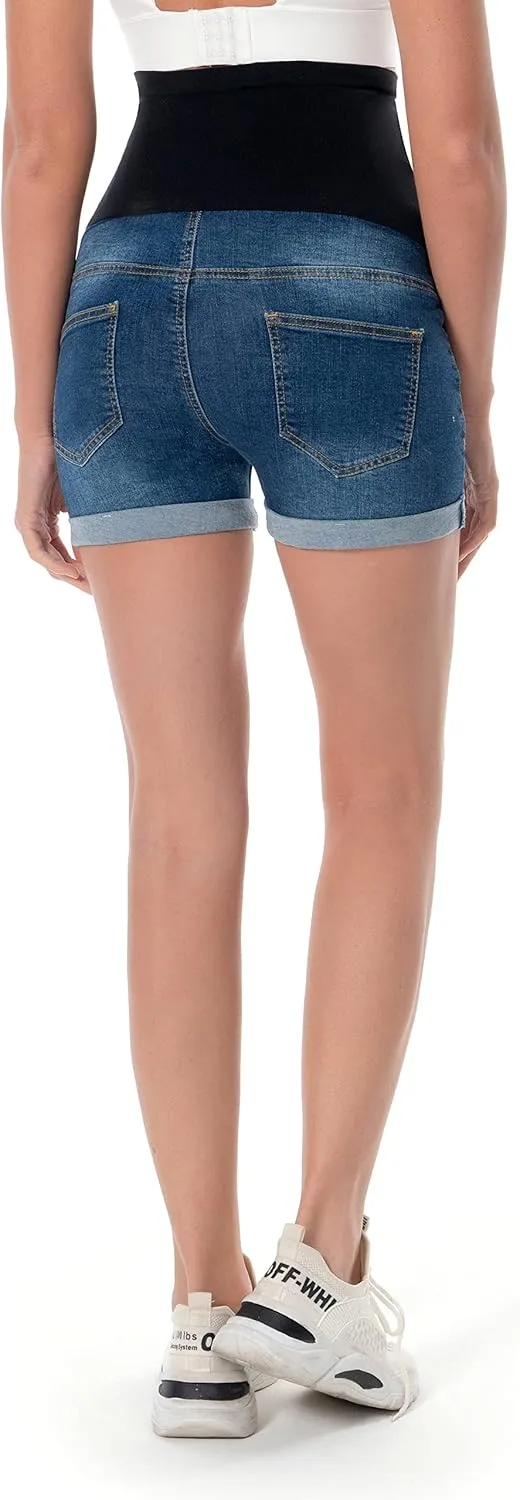 V VOCNI Maternity Denim Shorts Women's Summer High Waist Distressed Cuffed Hem Casual Denim Jeans Short