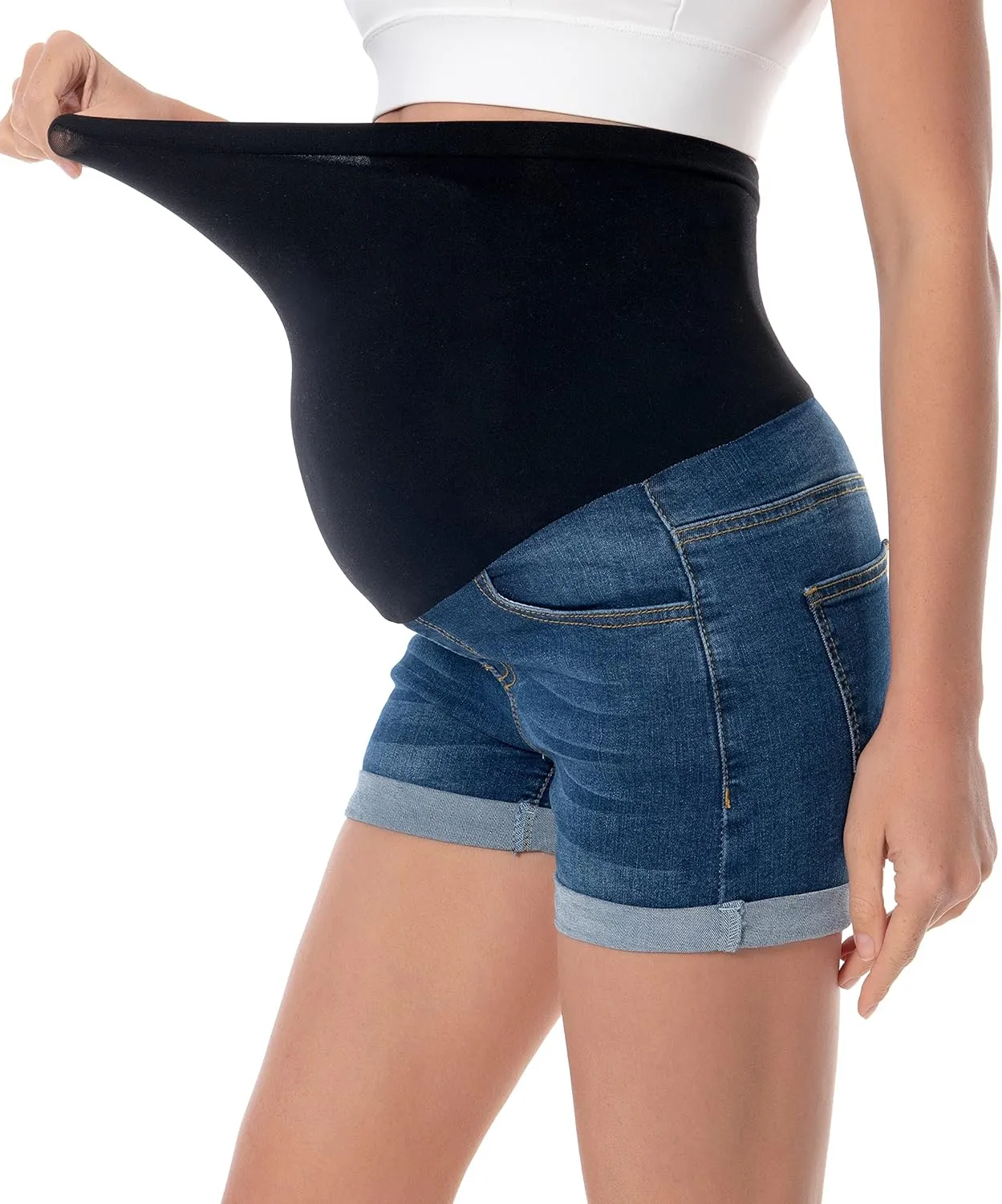 V VOCNI Maternity Denim Shorts Women's Summer High Waist Distressed Cuffed Hem Casual Denim Jeans Short