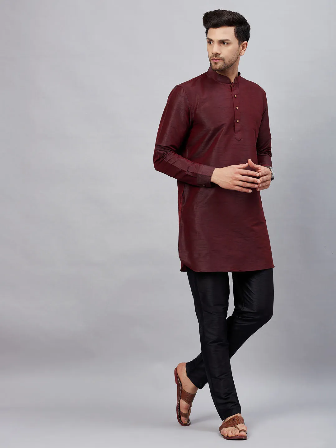 Vastramay Men's Wine Silk Kurta Set