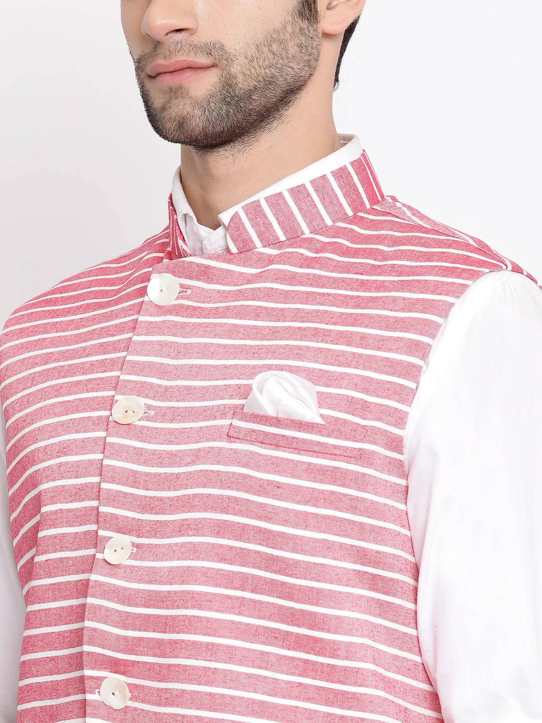 VASTRAMAY Red Stripes Nehru Jacket