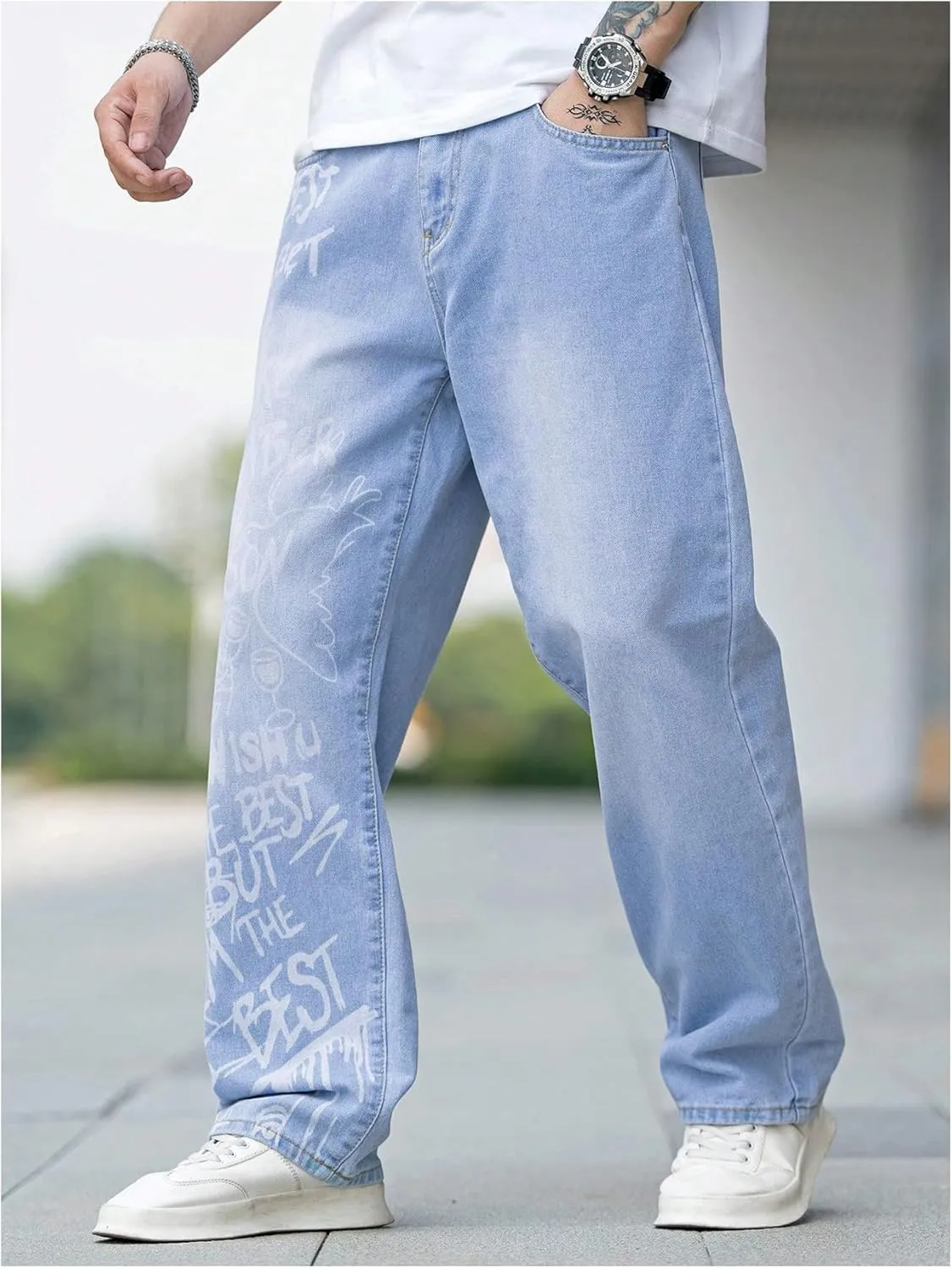 Verdusa Men's Wide Leg Denim Pants Casual Loose Fit Long Jeans with Pockets