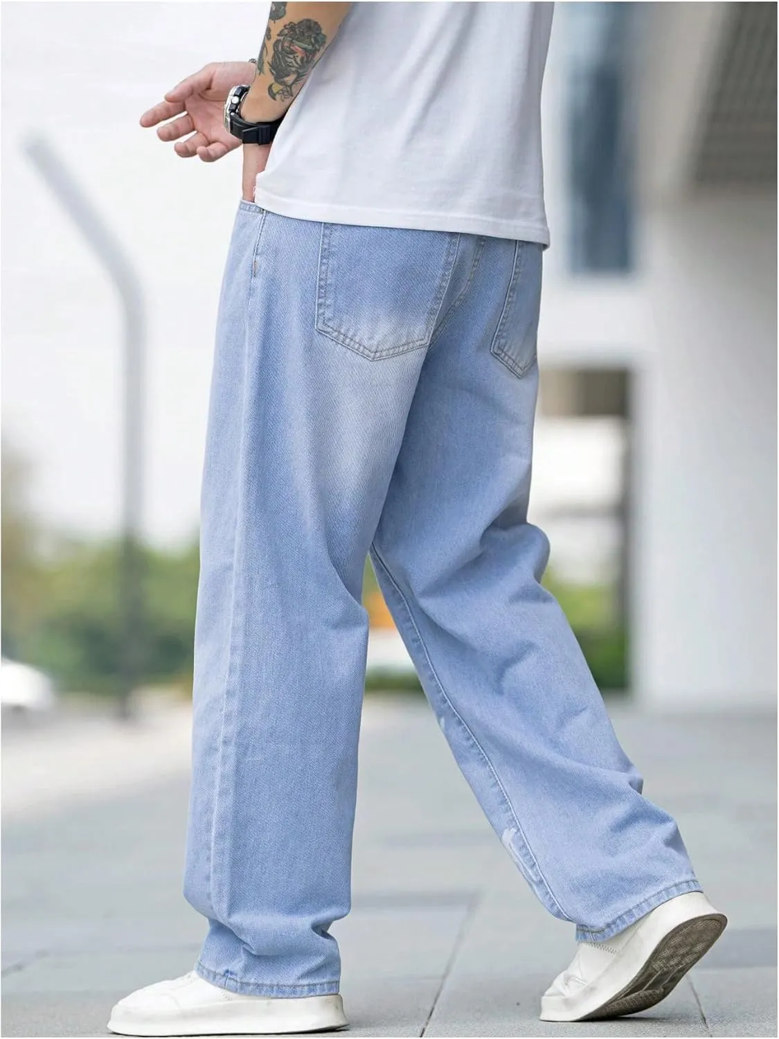 Verdusa Men's Wide Leg Denim Pants Casual Loose Fit Long Jeans with Pockets