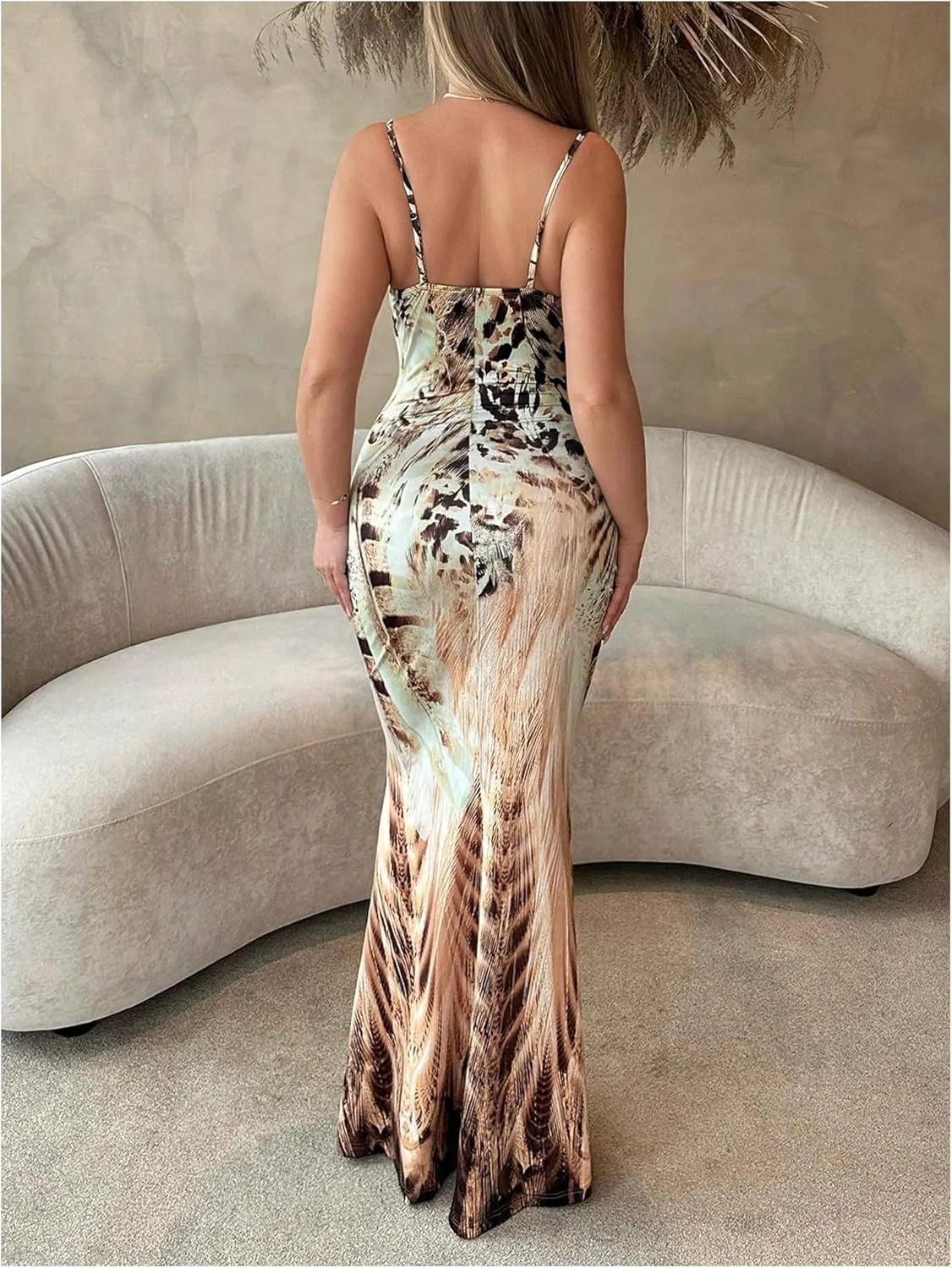 Verdusa Women's Cheetah Print Drape Neck Fishtail Bodycon Dress Backless Cami Maxi Dress with Bandana