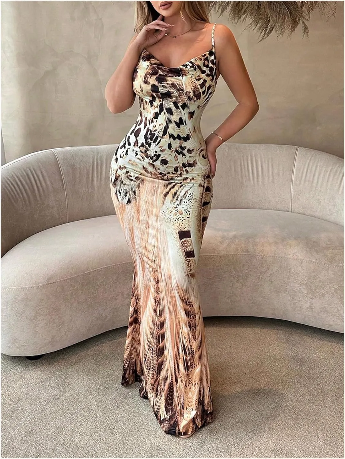 Verdusa Women's Cheetah Print Drape Neck Fishtail Bodycon Dress Backless Cami Maxi Dress with Bandana