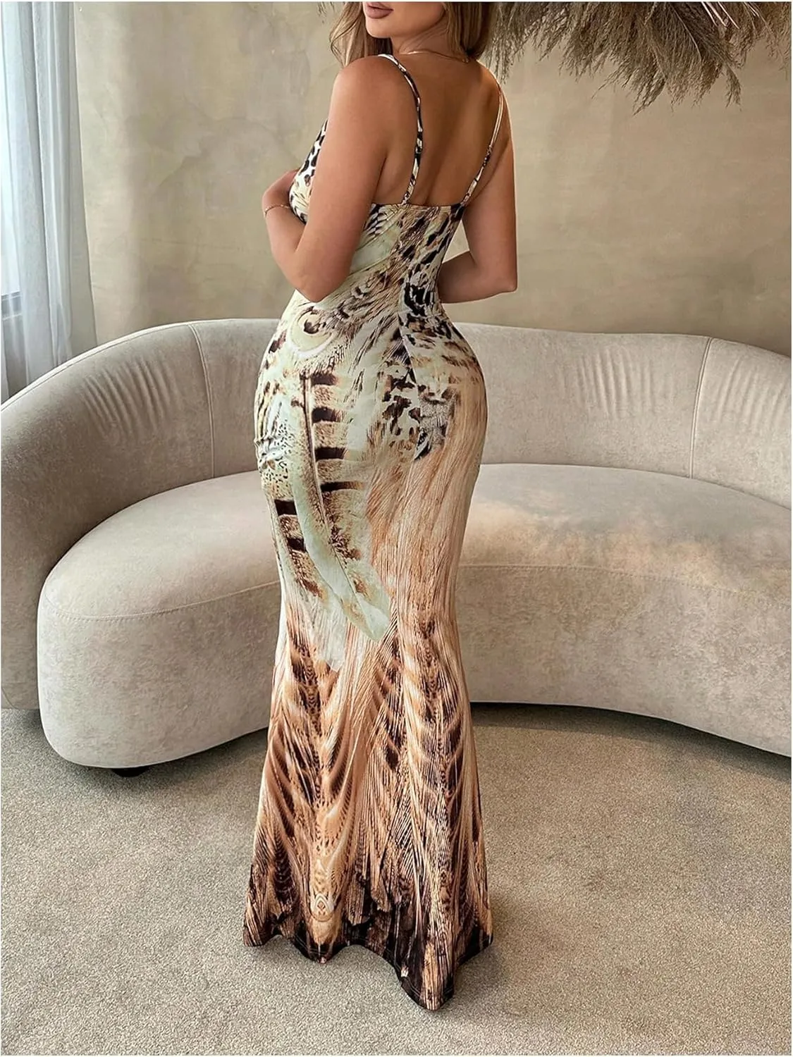 Verdusa Women's Cheetah Print Drape Neck Fishtail Bodycon Dress Backless Cami Maxi Dress with Bandana