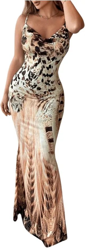 Verdusa Women's Cheetah Print Drape Neck Fishtail Bodycon Dress Backless Cami Maxi Dress with Bandana