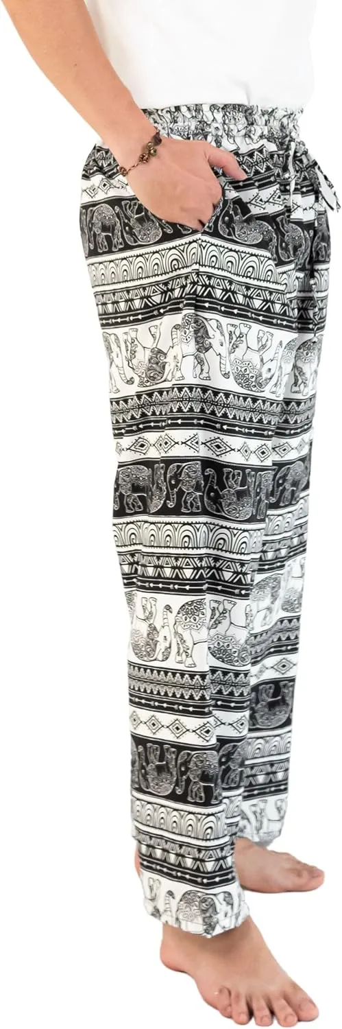 VIENG PING, Casual Bohemian Hippies Elephant Drawstring Pants with Pockets Premium Italian Silk Trousers for Men & Women