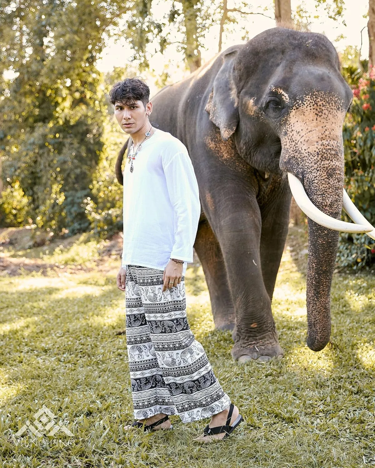 VIENG PING, Casual Bohemian Hippies Elephant Drawstring Pants with Pockets Premium Italian Silk Trousers for Men & Women