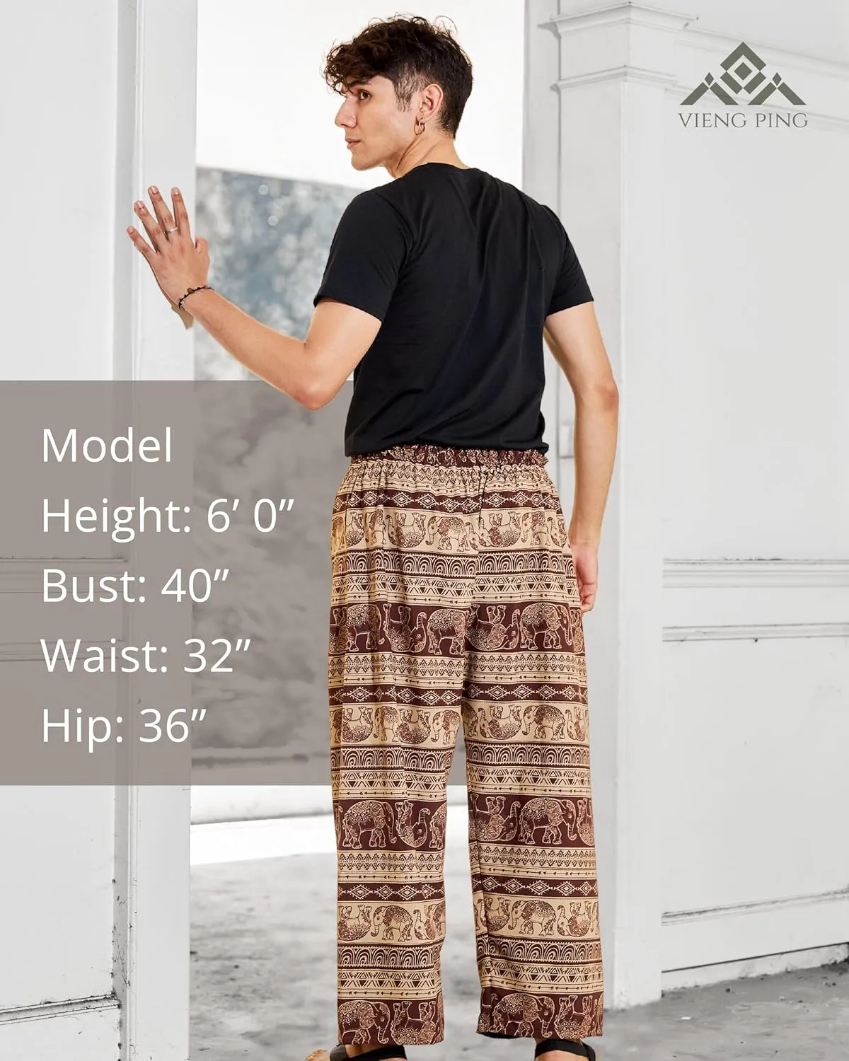 VIENG PING, Casual Bohemian Hippies Elephant Drawstring Pants with Pockets Premium Italian Silk Trousers for Men & Women
