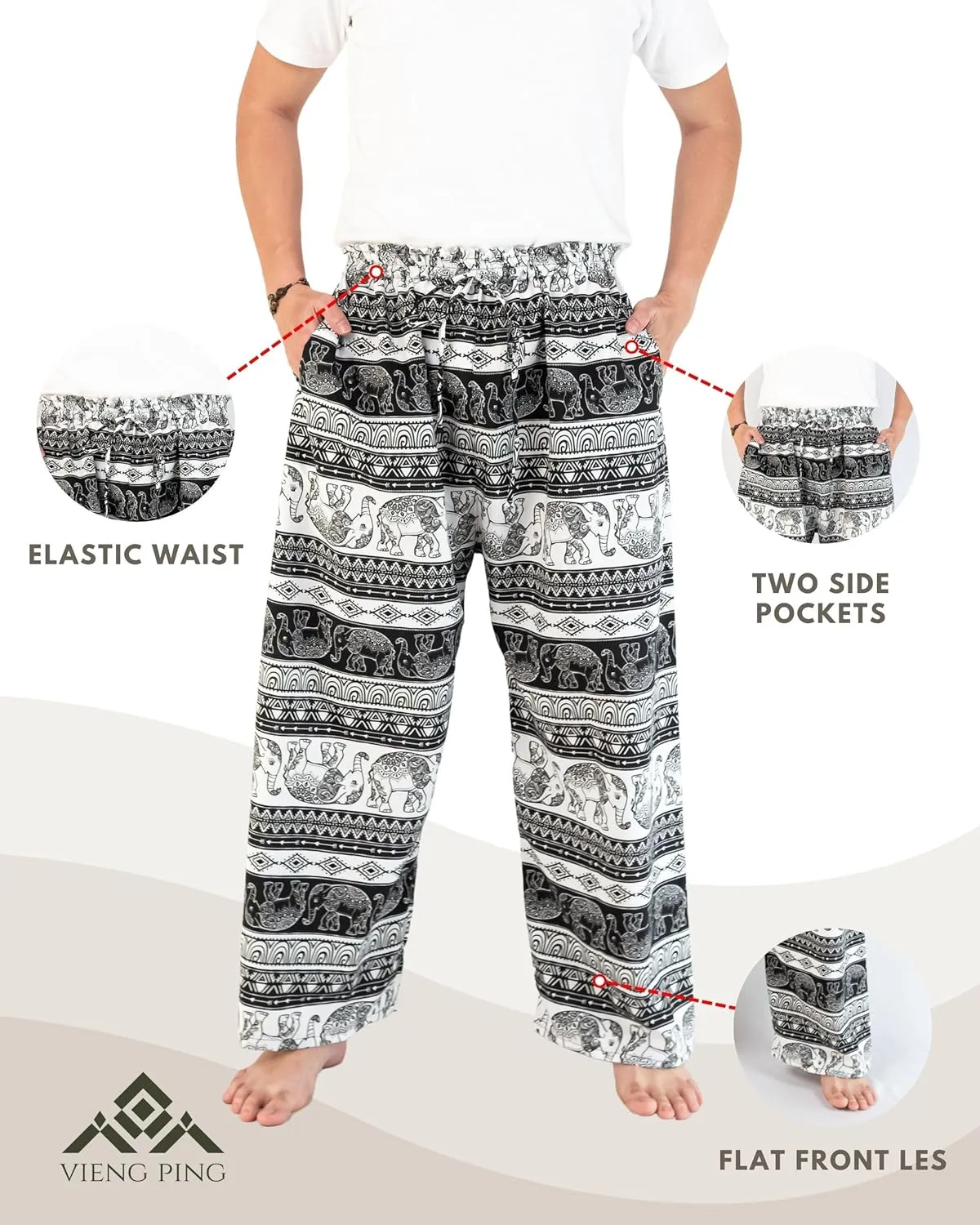 VIENG PING, Casual Bohemian Hippies Elephant Drawstring Pants with Pockets Premium Italian Silk Trousers for Men & Women