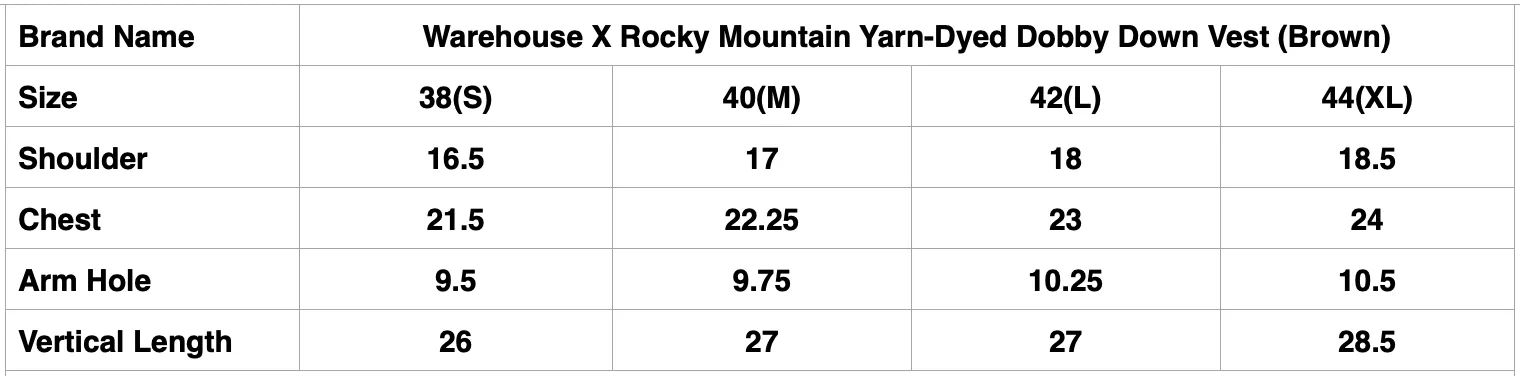 Warehouse X Rocky Mountain Yarn-Dyed Dobby Down Vest (Brown)
