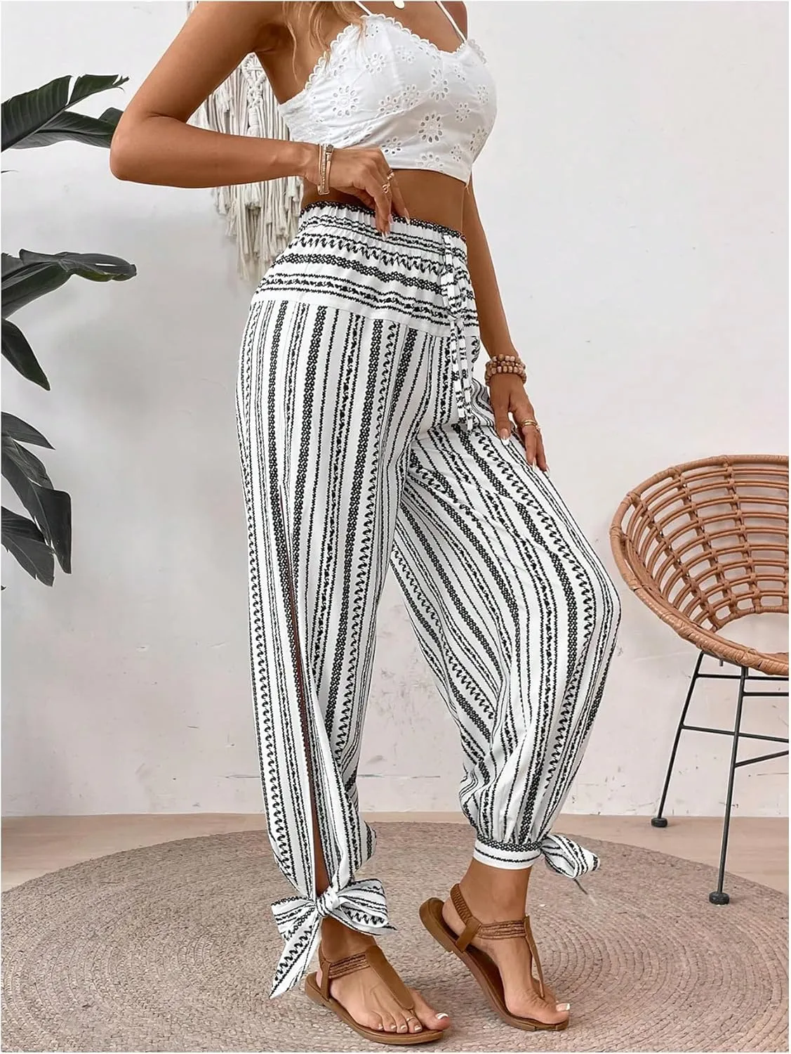 WDIRARA Women's Boho High Waist Split Knot Hem Long Pants Flowy Harem Yoga Pants