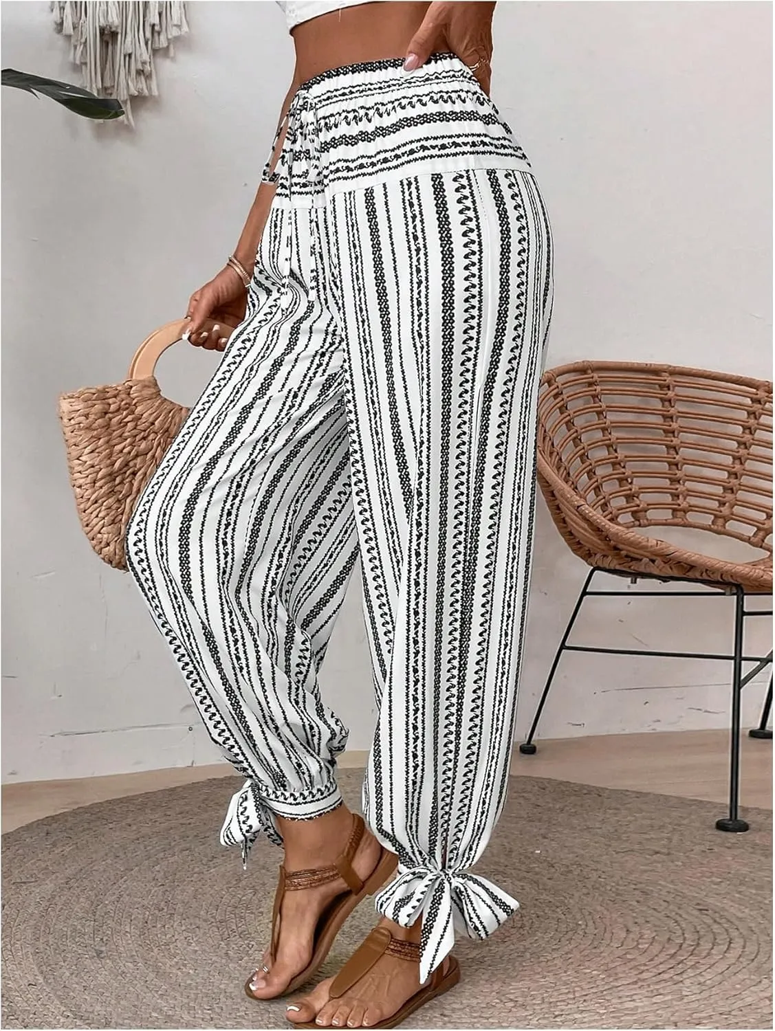 WDIRARA Women's Boho High Waist Split Knot Hem Long Pants Flowy Harem Yoga Pants