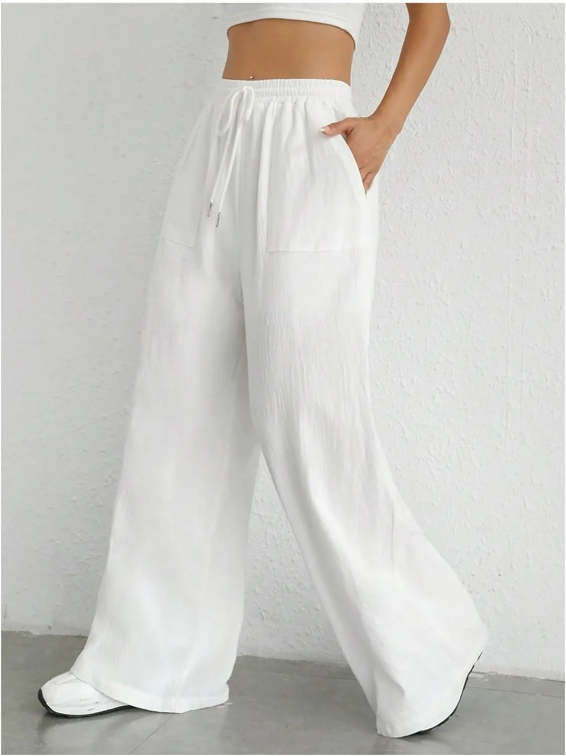 WDIRARA Women's Drawstring Elastic Waist Wide Leg Pants Casual Loose Fit Pants with Pockets