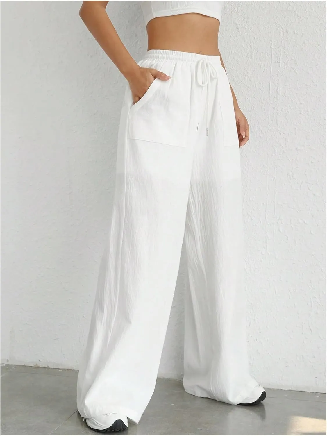 WDIRARA Women's Drawstring Elastic Waist Wide Leg Pants Casual Loose Fit Pants with Pockets
