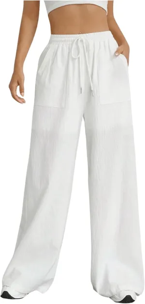 WDIRARA Women's Drawstring Elastic Waist Wide Leg Pants Casual Loose Fit Pants with Pockets