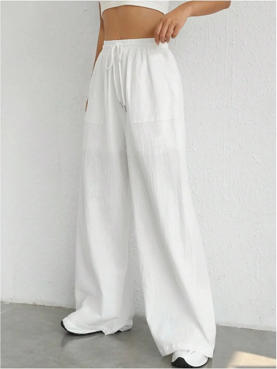 WDIRARA Women's Drawstring Elastic Waist Wide Leg Pants Casual Loose Fit Pants with Pockets