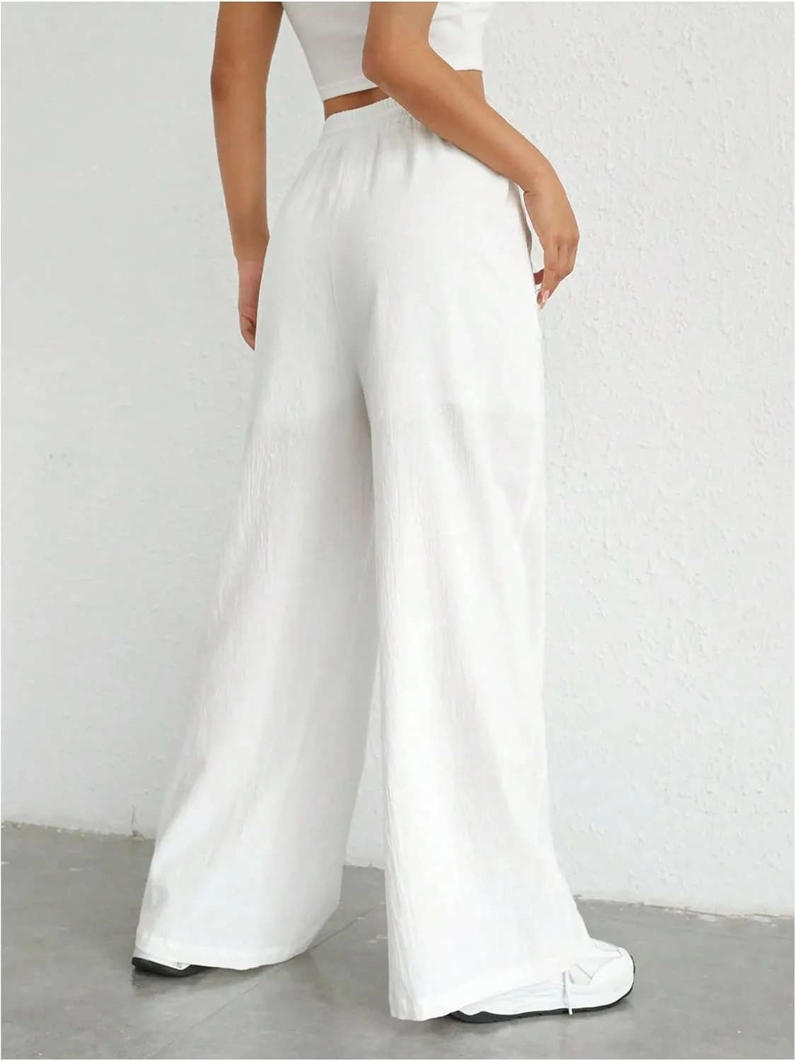 WDIRARA Women's Drawstring Elastic Waist Wide Leg Pants Casual Loose Fit Pants with Pockets