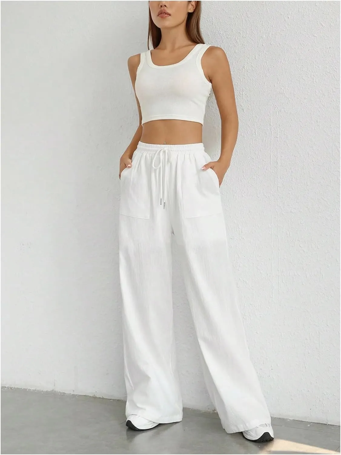 WDIRARA Women's Drawstring Elastic Waist Wide Leg Pants Casual Loose Fit Pants with Pockets
